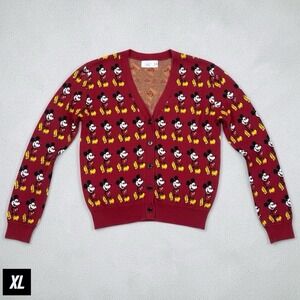 Disney Mickey Mouse Allover Print Cardigan Sweater Red Adult XL Buttons‎ Retro